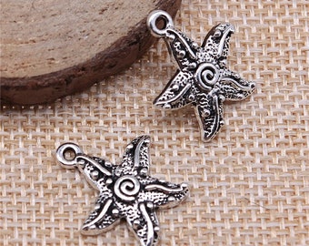 3 Silver Starfish Charms, Beach Charms, 18x20mm, Silver Tone Charms (F-112)