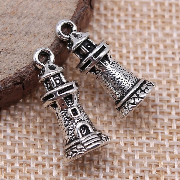 5 Silver Lighthouse Charms, 3D, 20x9mm, Silver Tone Charms (G-146)