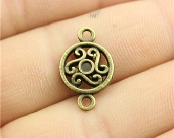 10 Round Bronze Filigree Connector Charms, Antique Bronze Tone (K-32)