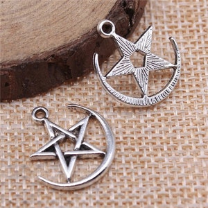 8, 30 Bulk Silver Star with Crescent Moon Charms, Silver Tone Charms (G-167)