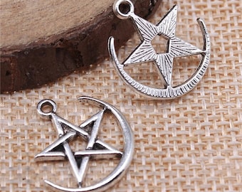 8, 30 Bulk Silver Star with Crescent Moon Charms, Silver Tone Charms (G-167)