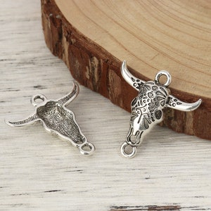 5 Silver Boho Bull Connector Charms, 29x28mm, Silver Tone Charms (O-199)
