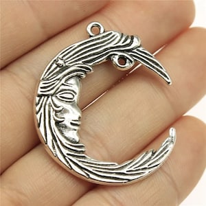 2 Silver Crescent Moon Charms, 2 Sided, 38x32mm, Antique Silver Tone (H-118)