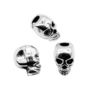 3 Silver Skull Beads, 12x11mm, Antique Silver Tone Beads (K-130)