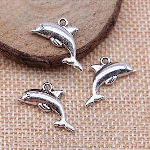 2 Silver Dolphin Charms, 2 Sided, 15x22mm, Silver Tone Charms (F-50)