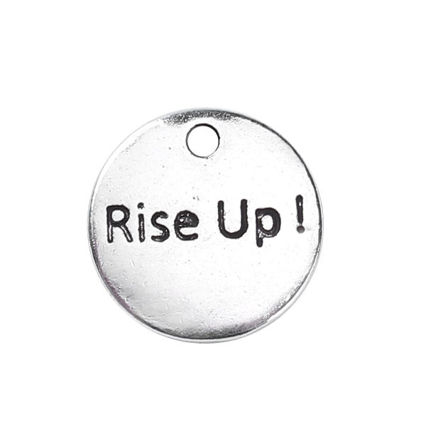 6 Silver Rise Up Engraved Charms, Silver Tone Charms (E-228)