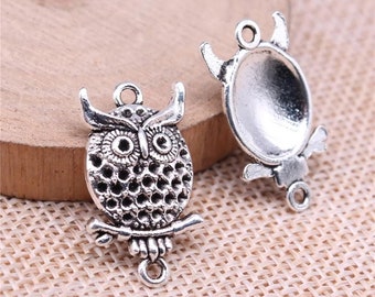 5 Silver Owl Connector Charms, 26x15mm, Silver Tone Charms (B-125)