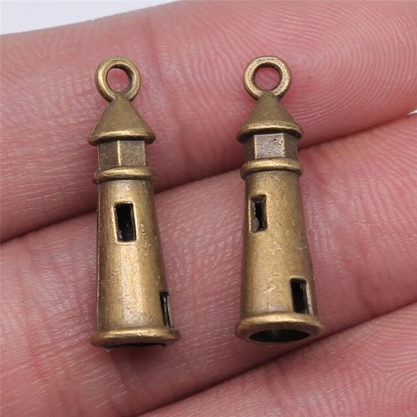 5 Bronze Lighthouse Charms, Beach Charms, 25x8mm, Antique Bronze Tone (L-38)