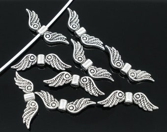 12 Angel Wing Spacer Beads , Antique Silver Tone (S-46)