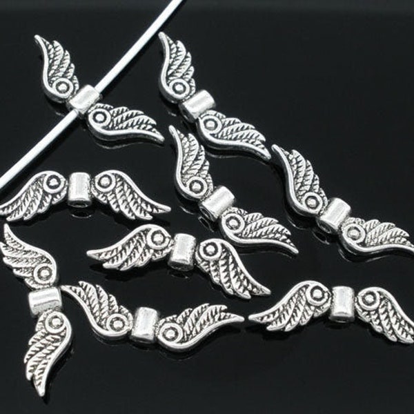 12 Angel Wing Spacer Beads , Antique Silver Tone (S-46)