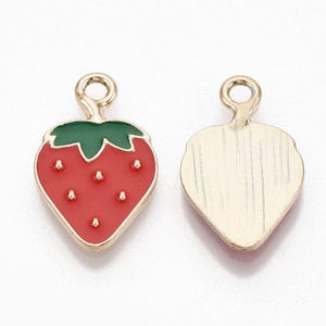 5 Enamel Strawberry Charms, Gold Tone Enamel Charm (D-108)