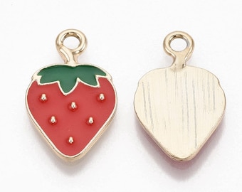 5 Enamel Strawberry Charms, Gold Tone Enamel Charm (D-108)