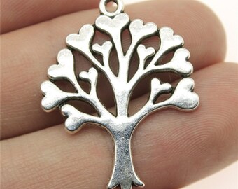 2 Silver Tree of Life with Hearts Charms, Silver Tone Charms (J-86)