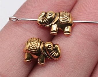 3 Gold Elephant Bead Spacer Charms, Antique Gold Tone Charms (H-250)
