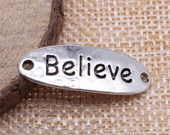 3 Silver Engraved Believe Connector Charms, Silver Tone Charms (H-109)