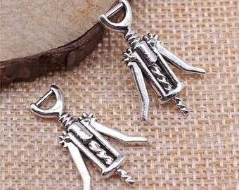 5 Silver Wine Opener Charms, Bottle Opener, 26x17mm, Silver Tone Charms (D-140)
