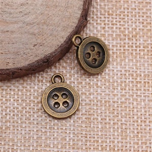 4 Bronze Button Sewing Charms, 2 Sided, 13mm, Antique Bronze Plated Charms (I-90)