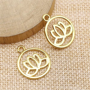 6 Gold Lotus Flower Charms, 20x24mm, KC Gold Tone Charms (G-199)