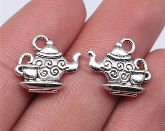 10 Silver Tea Pot Charms, 2 Sided, Silver Tone Charms (E-70)