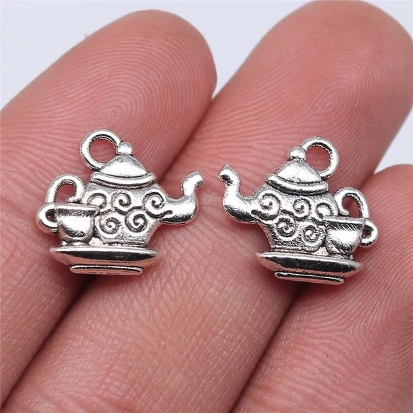 10 Silver Tea Pot Charms, 2 Sided, Silver Tone Charms (E-70)