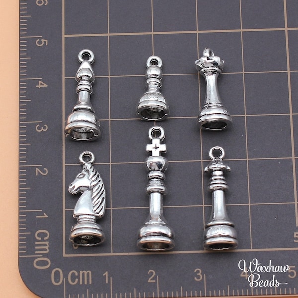 BULK 6 Silver Set of Chess Pieces Charms, Mixed Lot of Arrow Chess Charms (I-193)