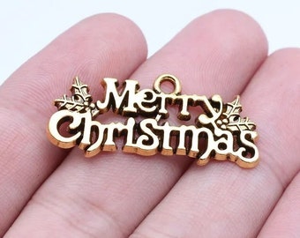 2 Gold Merry Christmas Charms, 16x36mm, Gold Tone Charms (K-78)