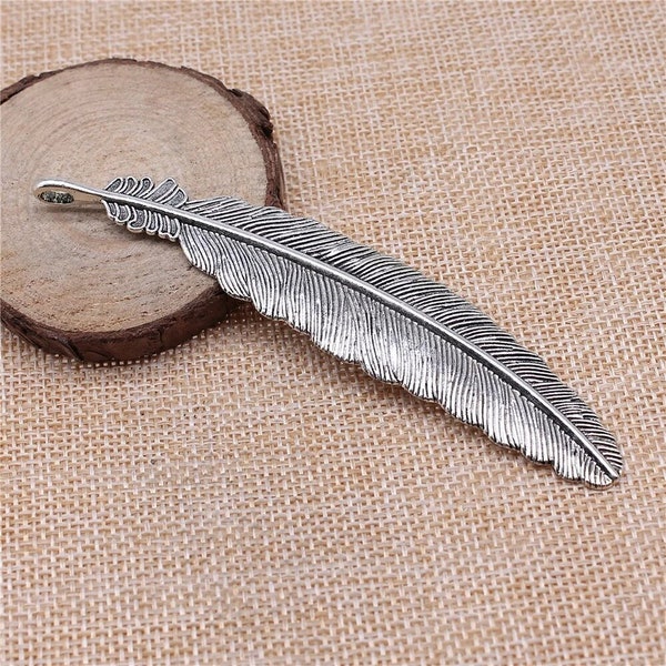 Large Silver Feather Charm, 20x106mm, Silver Tone Charms (P-23)