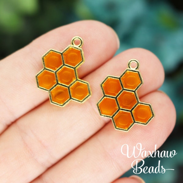 5 Enamel Honeycomb Charms, Gold Tone Enamel Charms (U-38)