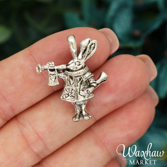 4, 20 or 50 Pieces: Silver White Rabbit Alice in Wonderland Charms - Double  Sided