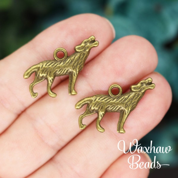 3 Howling Wolf Charms, 2 Sided, Antique Bronze Tone (J-52)