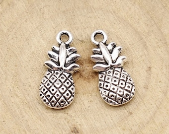 10 Silver Pineapple Charms, 2 Sided, Silver Tone Charms (A-235)