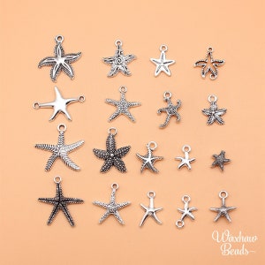 BULK 26 Silver Starfish Charms, Mixed Lot of Fish Charms (M-143)