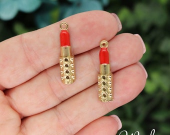 3 Red Lipstick Charms, Antique Gold Plated Enamel (D-240)