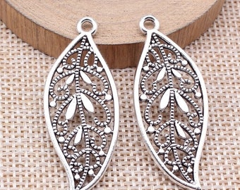 2 Silver Filigree Leaf Charms, 17x43mm, Antique Silver Tone (H-252)