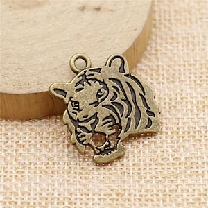 2 Bronze Tiger Head Charms, 27x24mm, Antique Bronze Tone (K-8)