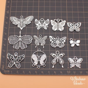 BULK 12 Silver Butterfly Charms, Insect Bug Charms, Mixed Lot of Charms (O-194)
