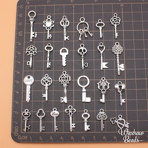 May include: A collection of 24 silver-toned key charms with various designs, including hearts, skulls, trees, and the word "LOVE".