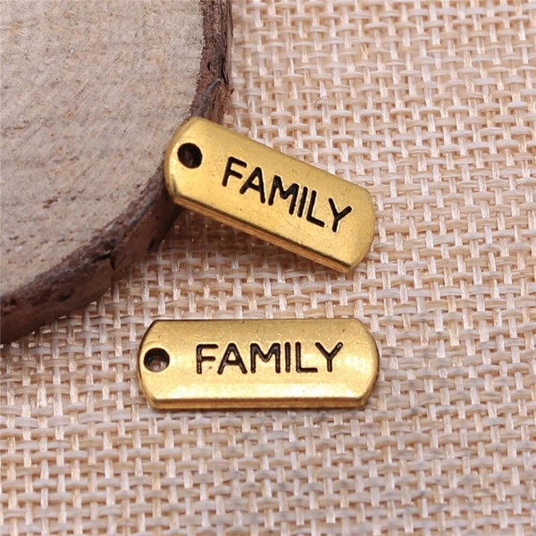 5 Gold Family Engraved Tag Charms, 21x8mm, Antique Gold Tone Charms (C-210)