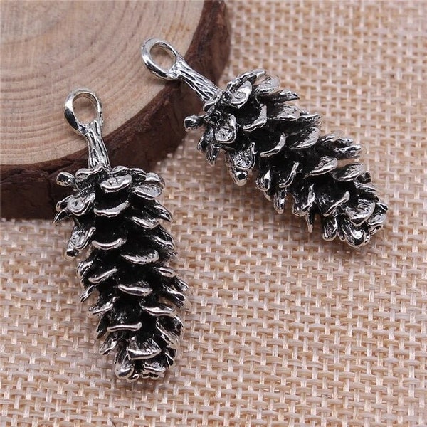 Silver Large Pine Cone Charm, 3D, Silver Tone Charms (E-210)