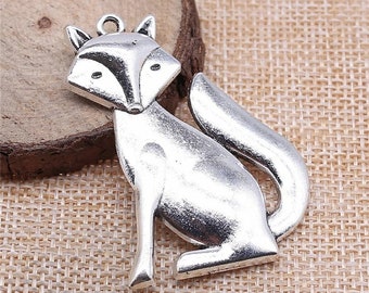 Large Silver Fox Charm, 50x37mm, Antique Silver Tone (A-55)