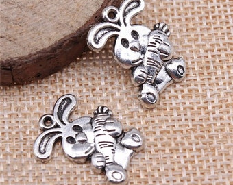 10 Silver Rabbit Charms, Easter Bunny Charms, 19x9mm, Silver Tone Charms (K-185)