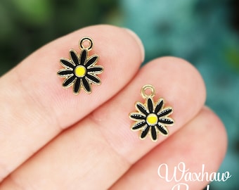 3 Black Daisy Charms, Flower Charms,  Gold Tone Enamel Flower Charms (U-226)