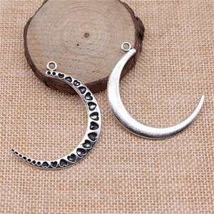 3 Silver Crescent Moon Charms, 49x34mm, Silver Tone Charms (A-86)