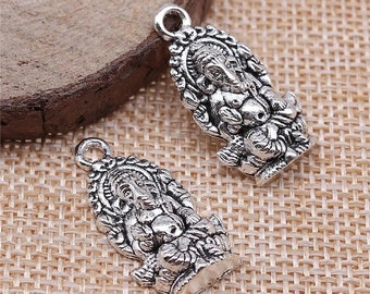 6 Silver Ganesha Charms, 26x14mm, Silver Tone Charms (R-27)