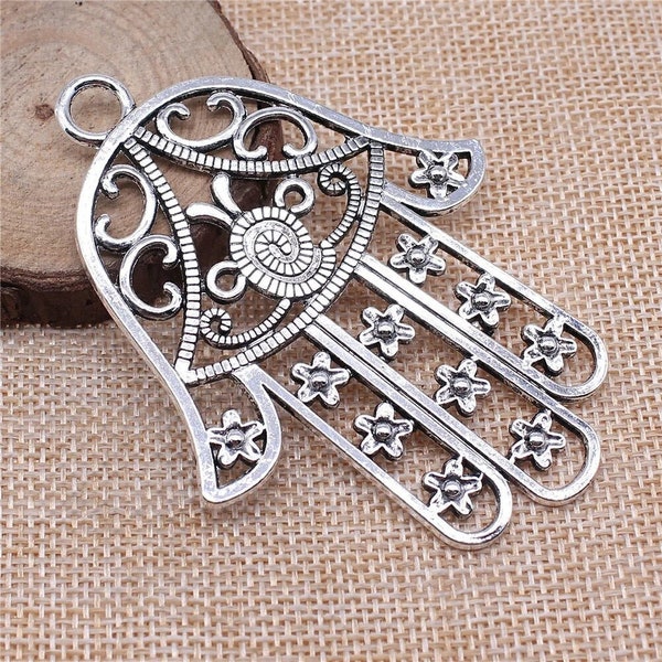 Large Hamsa Hand Charms, 85x62mm, Silver Tone Charms (S-96)