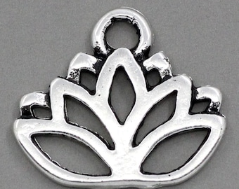 BULK 50 Lotus Flower Charms, Antique Silver Charms (A-9)