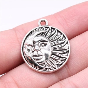 2 Silver Sun Moon Face Charms, Celestial Charms, 29x25mm, Silver Tone Charms (P-50)