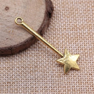 4 Gold Fairy Wand Charms, Antique Gold Tone Charms (C-154)