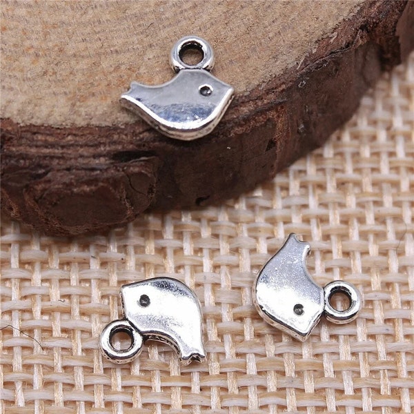 10 Silver Bird Charms, 11x8mm, Silver Tone Charms (A-53)