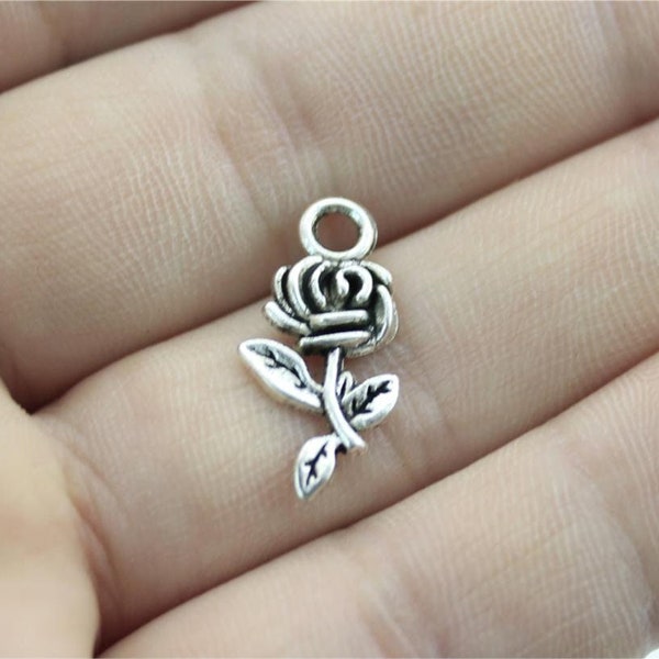 10 Rose Flower Charms, Silver Tone Charms (H-178)